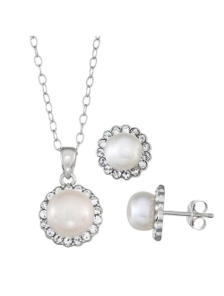 Sterling Silver Freshwater Cultured Pearl Halo Earring & Pendant Necklace Set