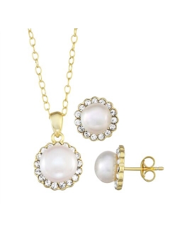 Sterling Silver Freshwater Cultured Pearl Halo Earring & Pendant Necklace Set