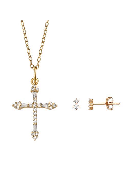 PRIMROSE 18k Gold Over Silver Cubic Zirconia Double Stud Earrings & Pave Cross Pendant Necklace Set