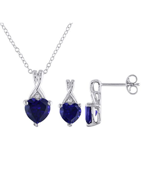 Stella Grace Sterling Silver Lab-Created Blue Sapphire & Diamond Accent Heart Pendant Necklace & Stud Earring Set