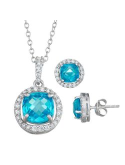 Sterling Silver Blue Topaz & Cubic Zirconia Pendant & Stud Earring Set