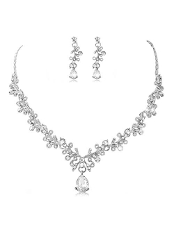 Unicra Bride Crystal Necklace Earrings Set Bridal Wedding Jewelry Sets Rhinestone Choker Necklace Prom Costume Jewelry Set for Women and Girls(3 piece set - 2 earrings an