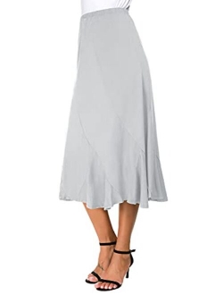 EXCHIC Women's Elegant Ankle Length Ruffle Hem Elastic Waist Midi Skirt