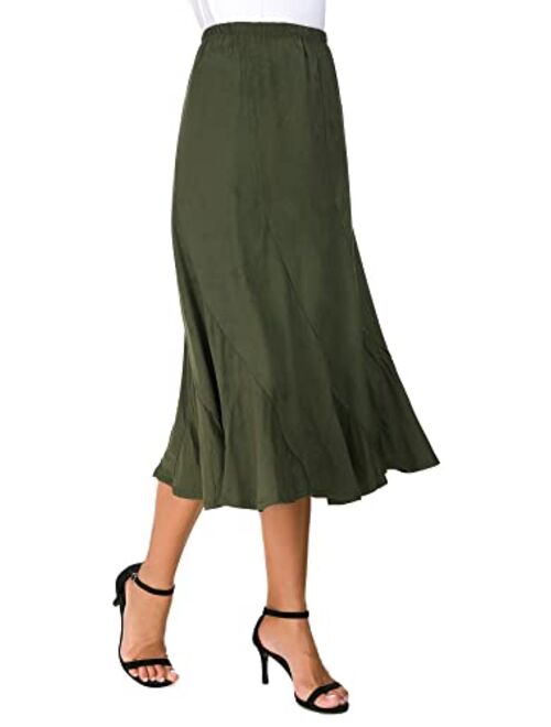 EXCHIC Women's Elegant Ankle Length Ruffle Hem Elastic Waist Midi Skirt