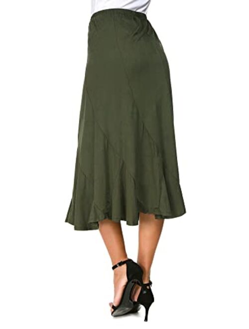 EXCHIC Women's Elegant Ankle Length Ruffle Hem Elastic Waist Midi Skirt