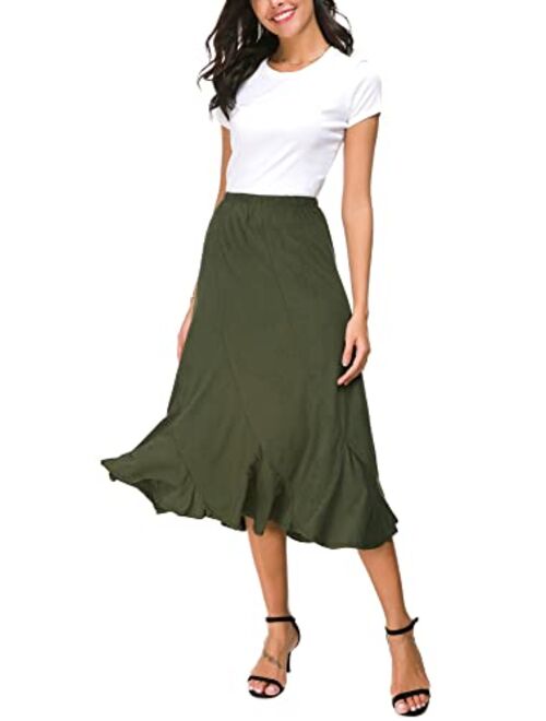 EXCHIC Women's Elegant Ankle Length Ruffle Hem Elastic Waist Midi Skirt