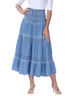 DREFBUFY Maxi Skirt, Womens High Waist Tiered Long Skirts Denim Elastic Casual Midi Dress