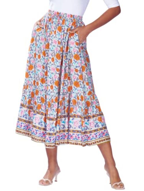 DREFBUFY Maxi Skirt, Womens High Waist Tiered Long Skirts Denim Elastic Casual Midi Dress