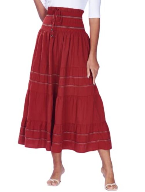 DREFBUFY Maxi Skirt, Womens High Waist Tiered Long Skirts Denim Elastic Casual Midi Dress