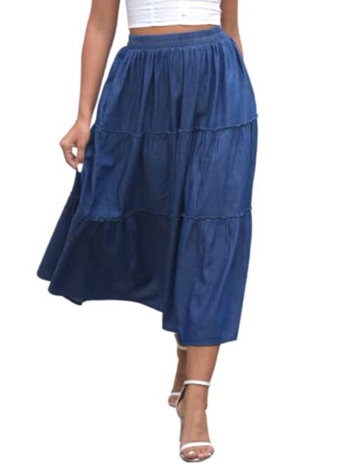 DREFBUFY Maxi Skirt, Womens High Waist Tiered Long Skirts Denim Elastic Casual Midi Dress