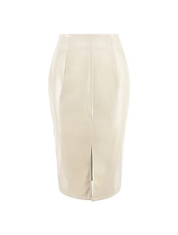 RAMISU Faux Leather Pencil Skirt High Waist Split Lady's Half Body Midi Hip Skirt