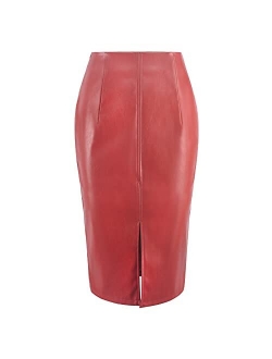 RAMISU Faux Leather Pencil Skirt High Waist Split Lady's Half Body Midi Hip Skirt