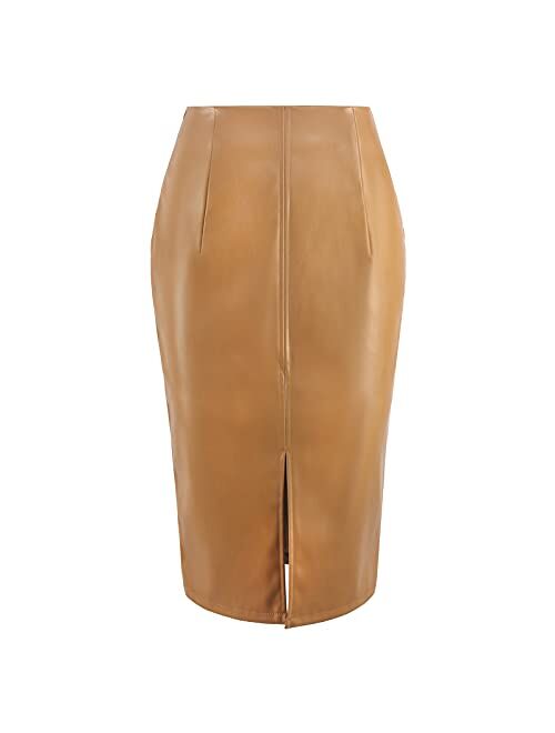 RAMISU Faux Leather Pencil Skirt High Waist Split Lady's Half Body Midi Hip Skirt