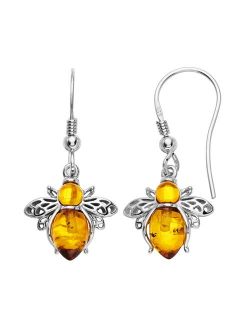 Sterling Silver Amber Bee Dangle Earrings