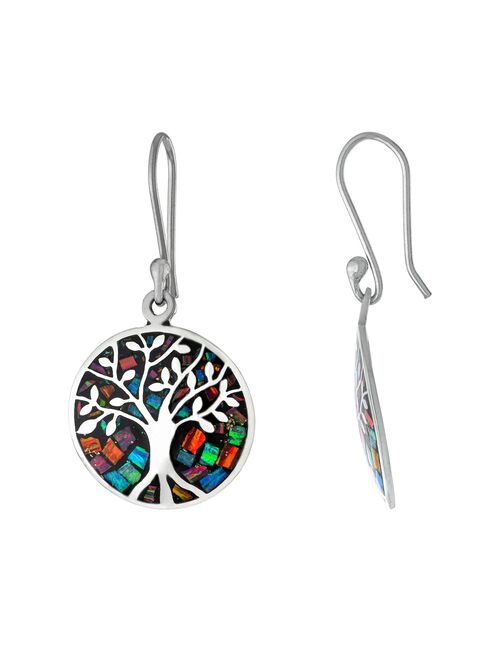 Sterling Silver Simulated Opal Mosaic Tree of Life Medallion Earrings