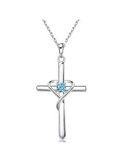 AmorAime 925 Sterling Silver Cross Necklace for Women Men 5A CZ Birthstone Necklaces for Teen Girls Gifts for Mother's Day, Birthday or Anniversary by AmorAime