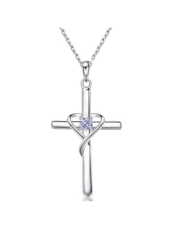 AmorAime 925 Sterling Silver Cross Necklace for Women Men 5A CZ Birthstone Necklaces for Teen Girls Gifts for Mother's Day, Birthday or Anniversary by AmorAime