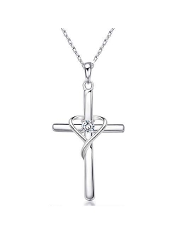 AmorAime 925 Sterling Silver Cross Necklace for Women Men 5A CZ Birthstone Necklaces for Teen Girls Gifts for Mother's Day, Birthday or Anniversary by AmorAime