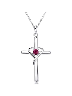 AmorAime 925 Sterling Silver Cross Necklace for Women Men 5A CZ Birthstone Necklaces for Teen Girls Gifts for Mother's Day, Birthday or Anniversary by AmorAime