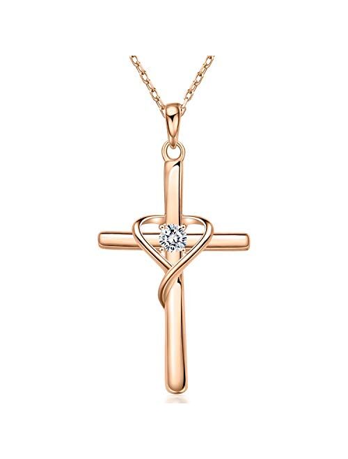 AmorAime 925 Sterling Silver Cross Necklace for Women Men 5A CZ Birthstone Necklaces for Teen Girls Gifts for Mother's Day, Birthday or Anniversary by AmorAime