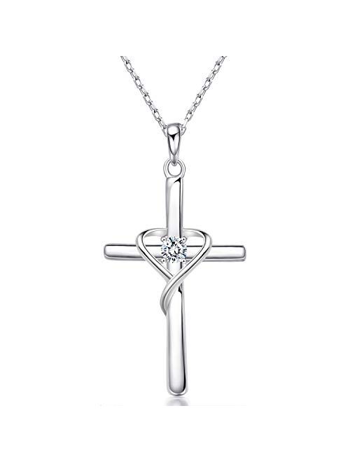 AmorAime 925 Sterling Silver Cross Necklace for Women Men 5A CZ Birthstone Necklaces for Teen Girls Gifts for Mother's Day, Birthday or Anniversary by AmorAime