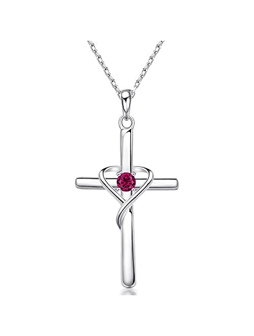 AmorAime 925 Sterling Silver Cross Necklace for Women Men 5A CZ Birthstone Necklaces for Teen Girls Gifts for Mother's Day, Birthday or Anniversary by AmorAime