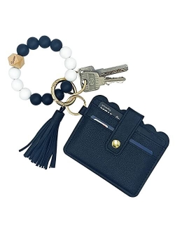 Tsnsoeeo Wristlet Keychain Bracelet Wallet, Key Ring Silicone Bead Bangle, Tassel Card Pocket Key Chains for Woman