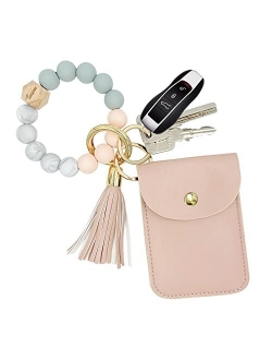 Tsnsoeeo Wristlet Keychain Bracelet Wallet, Key Ring Silicone Bead Bangle, Tassel Card Pocket Key Chains for Woman