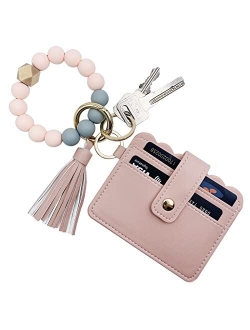 Tsnsoeeo Wristlet Keychain Bracelet Wallet, Key Ring Silicone Bead Bangle, Tassel Card Pocket Key Chains for Woman