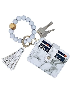 Tsnsoeeo Wristlet Keychain Bracelet Wallet, Key Ring Silicone Bead Bangle, Tassel Card Pocket Key Chains for Woman