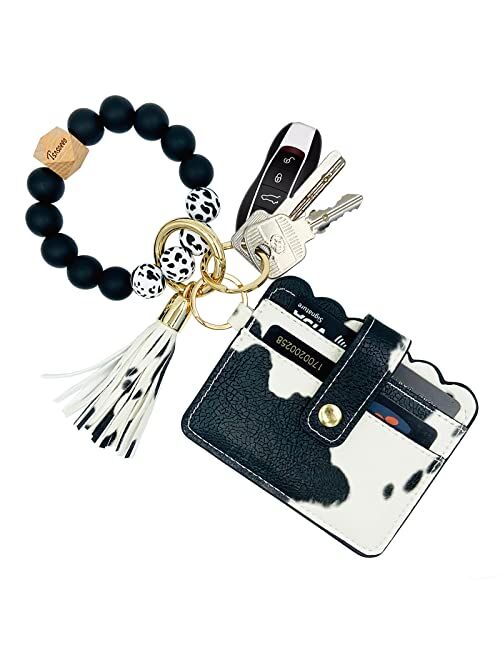 Tsnsoeeo Wristlet Keychain Bracelet Wallet, Key Ring Silicone Bead Bangle, Tassel Card Pocket Key Chains for Woman