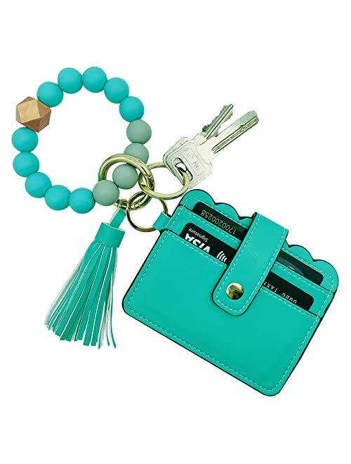 Tsnsoeeo Wristlet Keychain Bracelet Wallet, Key Ring Silicone Bead Bangle, Tassel Card Pocket Key Chains for Woman