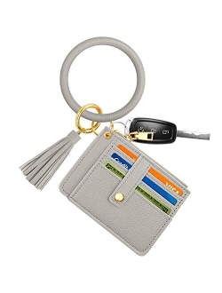 Circle Bangle Leather Keychain Wallet ID Card Holder Keyring Wristlet Bracelet Key Ring Chain Tassel Purse Women Girls