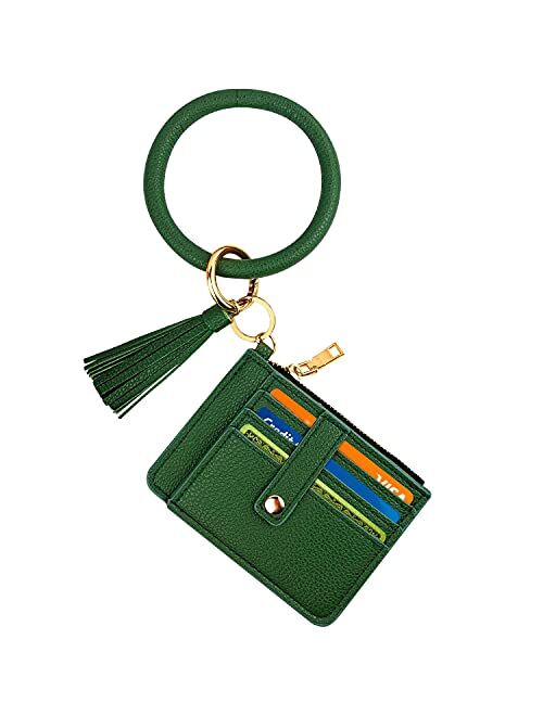 Circle Bangle Leather Keychain Wallet ID Card Holder Keyring Wristlet Bracelet Key Ring Chain Tassel Purse Women Girls