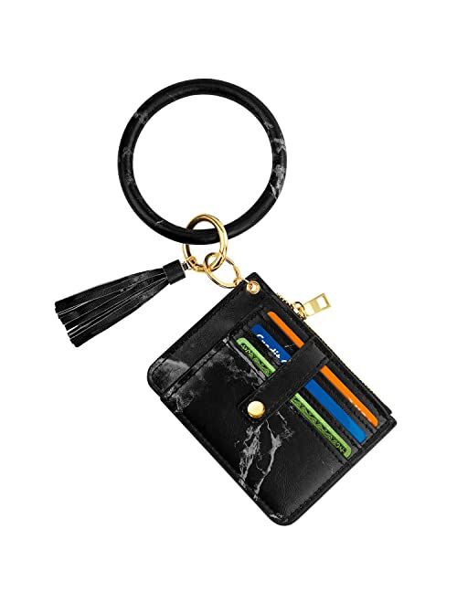 Circle Bangle Leather Keychain Wallet ID Card Holder Keyring Wristlet Bracelet Key Ring Chain Tassel Purse Women Girls