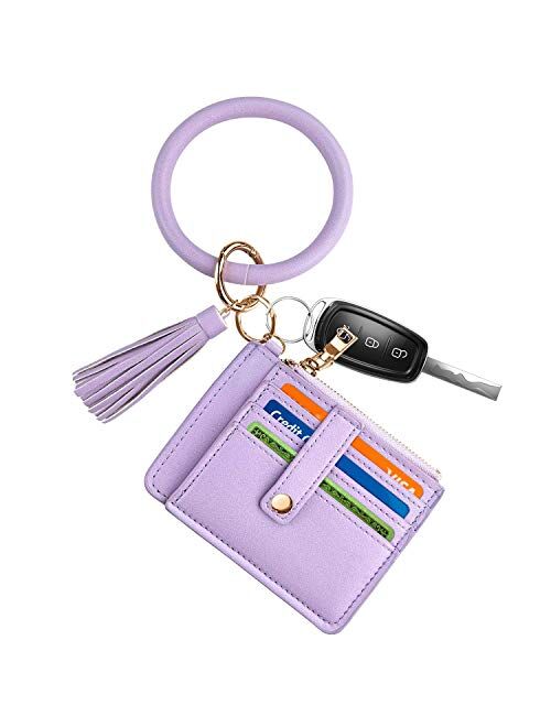 Circle Bangle Leather Keychain Wallet ID Card Holder Keyring Wristlet Bracelet Key Ring Chain Tassel Purse Women Girls