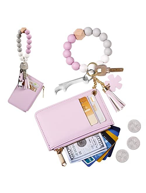 DOMUUH Wristlet Bracelet Keychain Wallet, Pocket Credit Card Holder Purse Tassel Key Chain Bangle Key Ring for Women