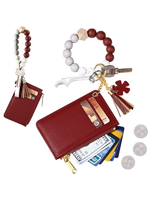 DOMUUH Wristlet Bracelet Keychain Wallet, Pocket Credit Card Holder Purse Tassel Key Chain Bangle Key Ring for Women