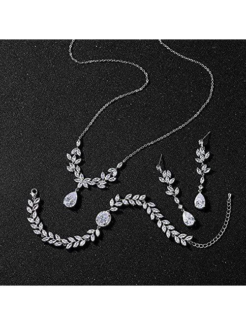 SWEETV Bridal Jewelry Set for Wedding, Cubic Zirconia Necklace Dangle Earrings Bracelet Set, Teardrop Marquise Brides Bridesmaids Wedding Prom Jewelry Sets for Women