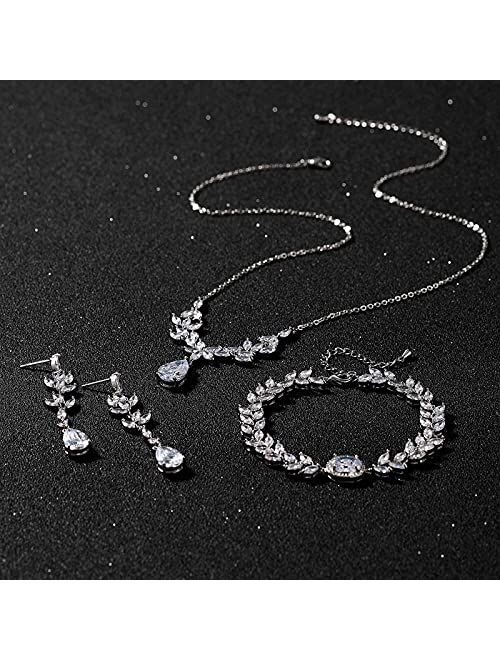 SWEETV Bridal Jewelry Set for Wedding, Cubic Zirconia Necklace Dangle Earrings Bracelet Set, Teardrop Marquise Brides Bridesmaids Wedding Prom Jewelry Sets for Women