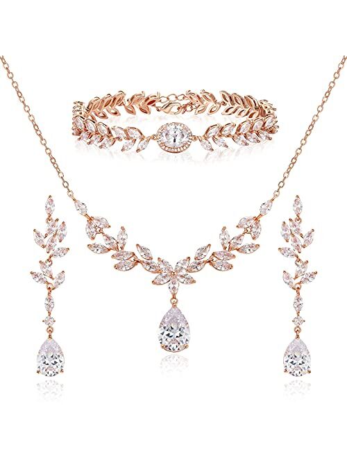 SWEETV Bridal Jewelry Set for Wedding, Cubic Zirconia Necklace Dangle Earrings Bracelet Set, Teardrop Marquise Brides Bridesmaids Wedding Prom Jewelry Sets for Women