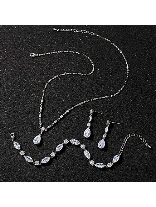 SWEETV Bridal Jewelry Set for Wedding, Cubic Zirconia Necklace Dangle Drop Earrings Bracelet Set, Teardrop Marquise Brides Bridesmaids Wedding Prom Anniversary Jewelry Gi