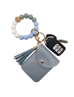 FIVWIN Wristlet Keychain Bracelet Wallet for Women Silicone Beaded Car Key Rings with Tassel Bangle Card Holder