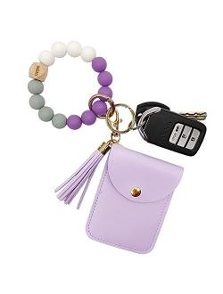 FIVWIN Wristlet Keychain Bracelet Wallet for Women Silicone Beaded Car Key Rings with Tassel Bangle Card Holder