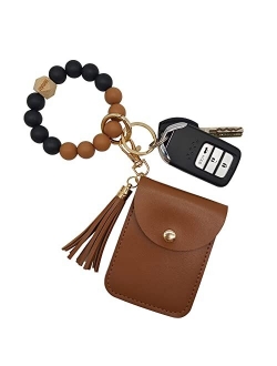 FIVWIN Wristlet Keychain Bracelet Wallet for Women Silicone Beaded Car Key Rings with Tassel Bangle Card Holder