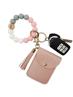 FIVWIN Wristlet Keychain Bracelet Wallet for Women Silicone Beaded Car Key Rings with Tassel Bangle Card Holder