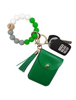 FIVWIN Wristlet Keychain Bracelet Wallet for Women Silicone Beaded Car Key Rings with Tassel Bangle Card Holder