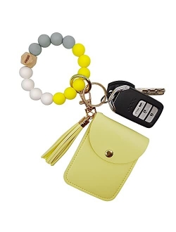 FIVWIN Wristlet Keychain Bracelet Wallet for Women Silicone Beaded Car Key Rings with Tassel Bangle Card Holder