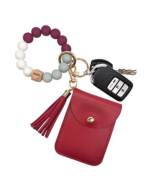 FIVWIN Wristlet Keychain Bracelet Wallet for Women Silicone Beaded Car Key Rings with Tassel Bangle Card Holder