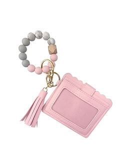 Andiker Key Ring Bracelet Wristlet Keychain with Card Wallet, Silicone Beaded Wristlet Wallets for Women Gift for Mama